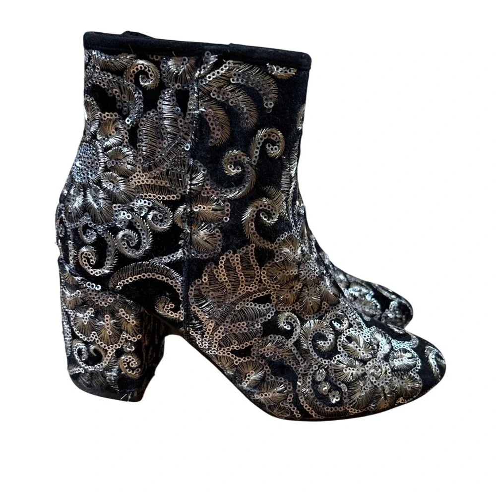 Marypaz Ankle Boots Women Black Silver Sequin Embroidered Velvet SIZE 37